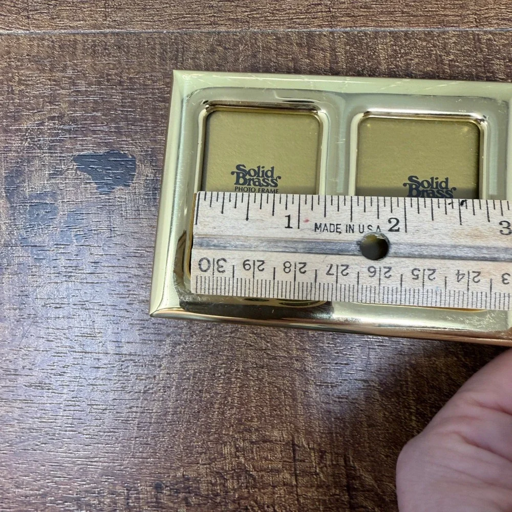 Vintage Solid Brass Mini Double Photo Frame 2.5 x 3.5 Tabletop Gold Accent Decor